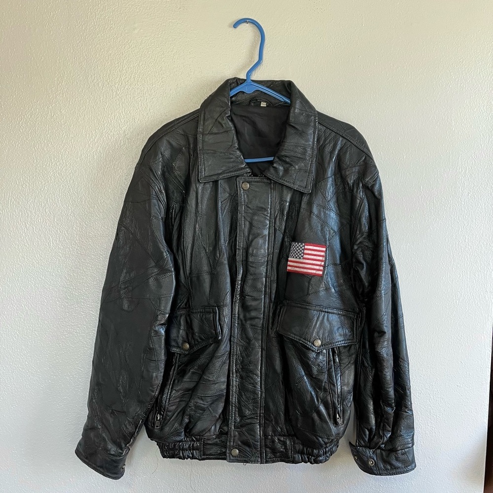 Black Leather American Flag Biker Jacket-Medium